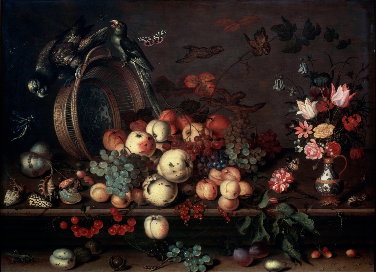 لا تزال الحياة مع الفواكه والزهور والببغاوات ، 1620s بواسطة Balthasar van der Ast