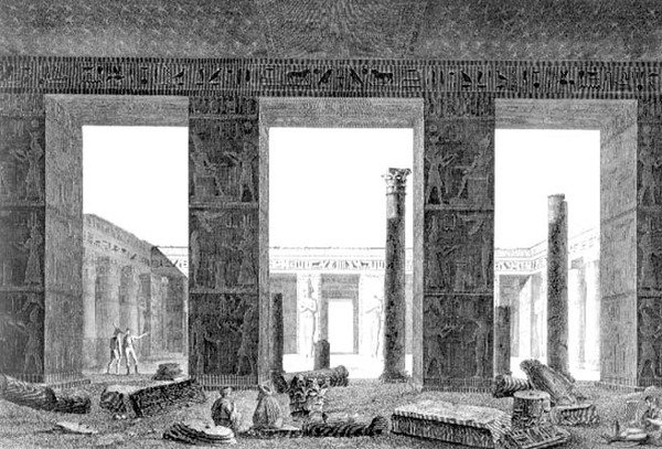 منظر داخلي لباريستيل القصر ، مدينت أبون ، طيبة ، اللوحة 14 من المجلد الثاني من "أوصاف مصر" ، نقش بقلم ريفيل ، حانة. بأوامر من نابليون بواسطة بلزاك (بعد)