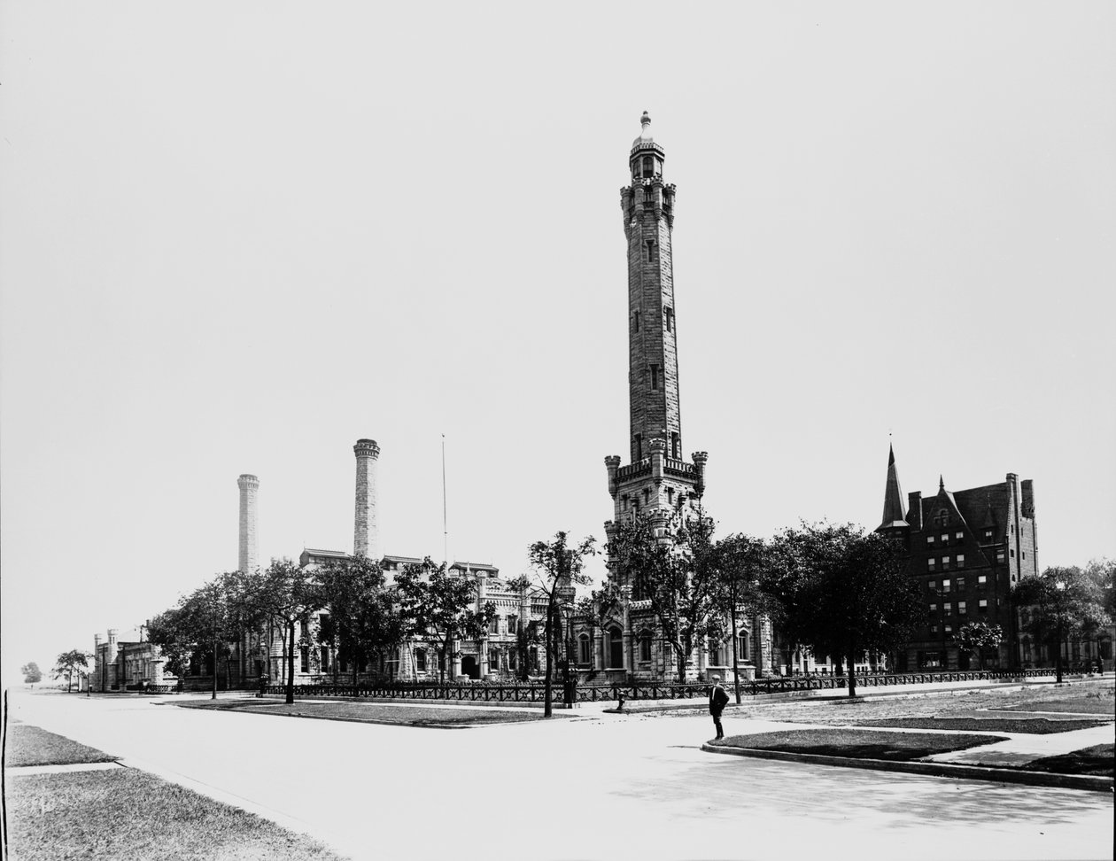 برج شيكاغو المائي ، شيكاغو ، إلينوي ، الولايات المتحدة الأمريكية ، حوالي 1900 (صورة بالأبيض والأسود) بواسطة بارنز وكروسبي