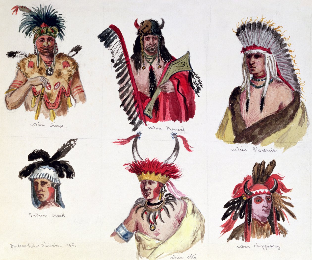 صور لستة هنود أمريكيين من قبائل سيوكس ورينارد وباوني وكريك وأوتو وشيبوا 1861 بواسطة موريس ساند