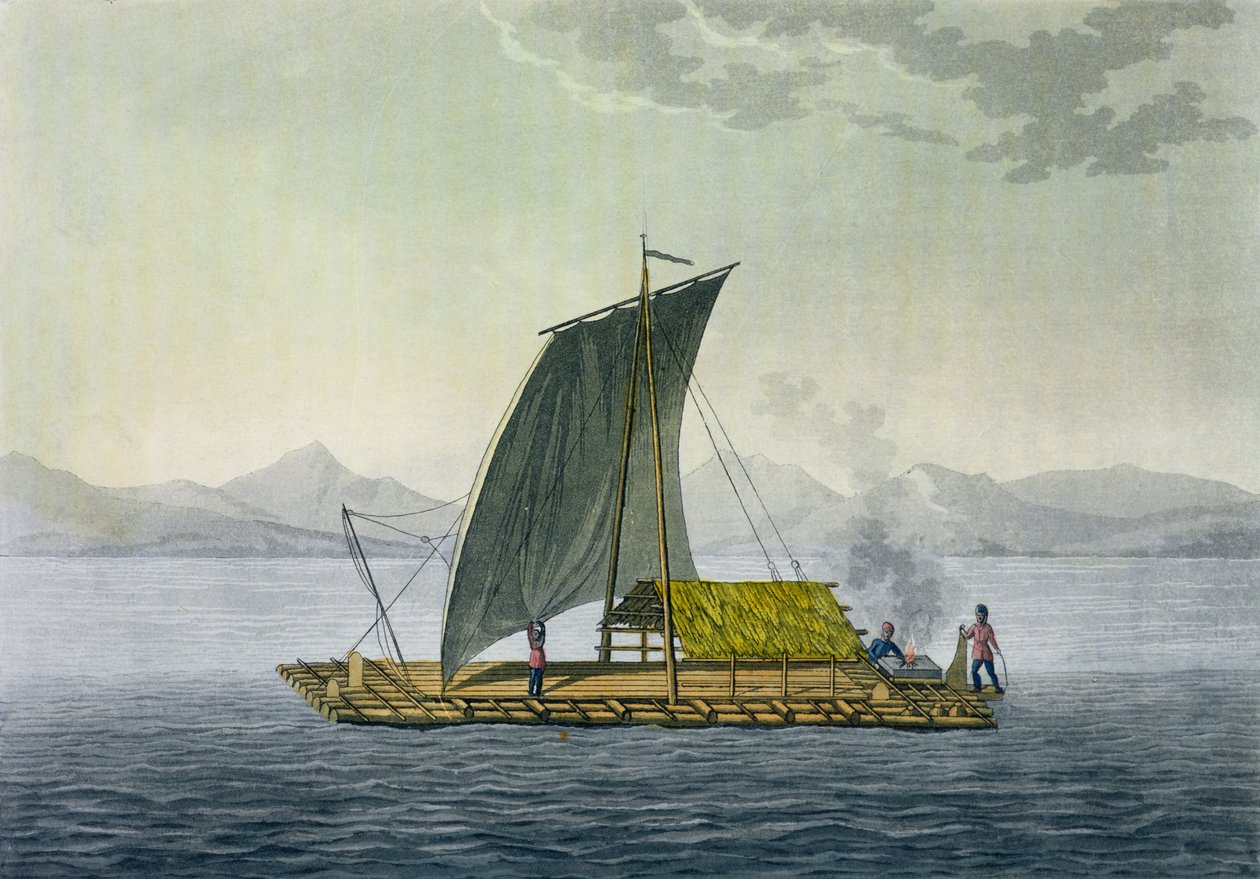 طوف يغادر ميناء غواياكيل ، الإكوادور ، من "Le Costume Ancien et Moderne" ، المجلد الثاني ، اللوحة 9 ، بقلم جولز فيراريو ، محفور بواسطة باولو فوماجالي ، تم نشره في 1820s-30s بواسطة البارون فريدريش ألكسندر فون هومبولت