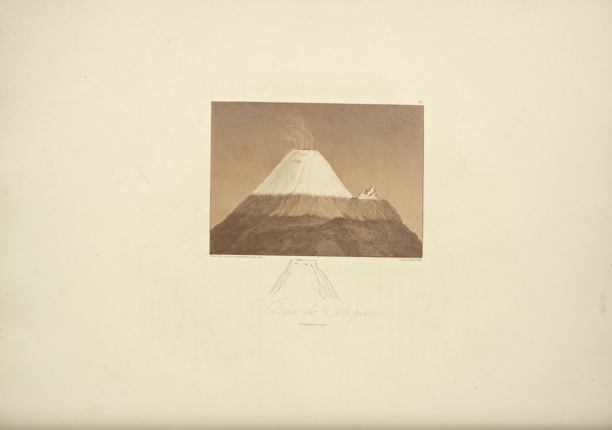 بركان Cotopaxi ، رسمه Gmelin ، محفور بواسطة Arnold ، توضيح من "مناظر الكورديراس وآثار الشعوب الأصلية في أمريكا" بقلم ألكسندر فون هومبولت وآيمي بونبلاند ، 1813 بواسطة البارون فريدريش ألكسندر فون هومبولت