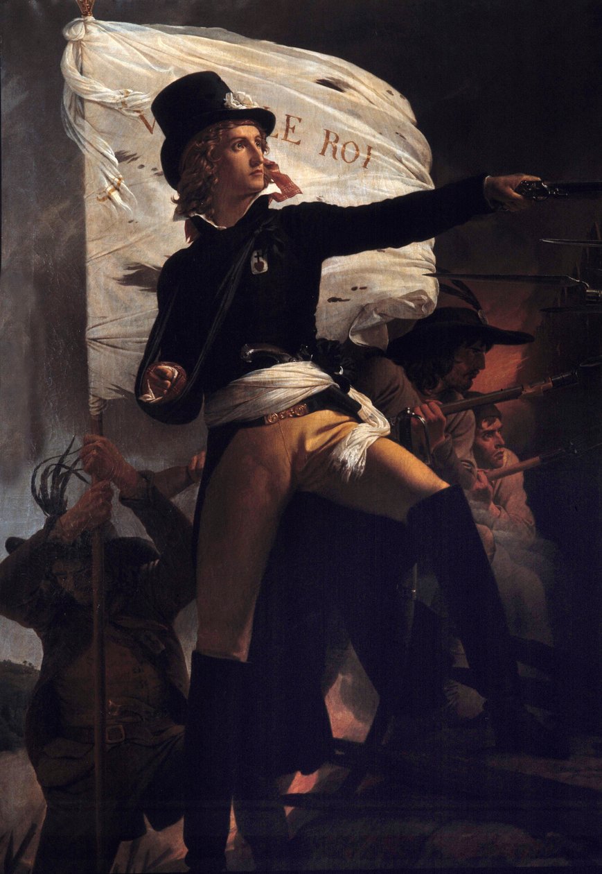 Portrait en pied de Henri Duverger, Comte de La Rochejaquelein (or Orchard de La Rochejacquelein) (1772-1794) general sold with the flag live le roi”” (on chest the insignia of the Vendees)”” (Wars of Vendee) Painting by Pierre Narcisse (Pierre-Narcisse) G بواسطة البارون بيير نارسيس غيرين