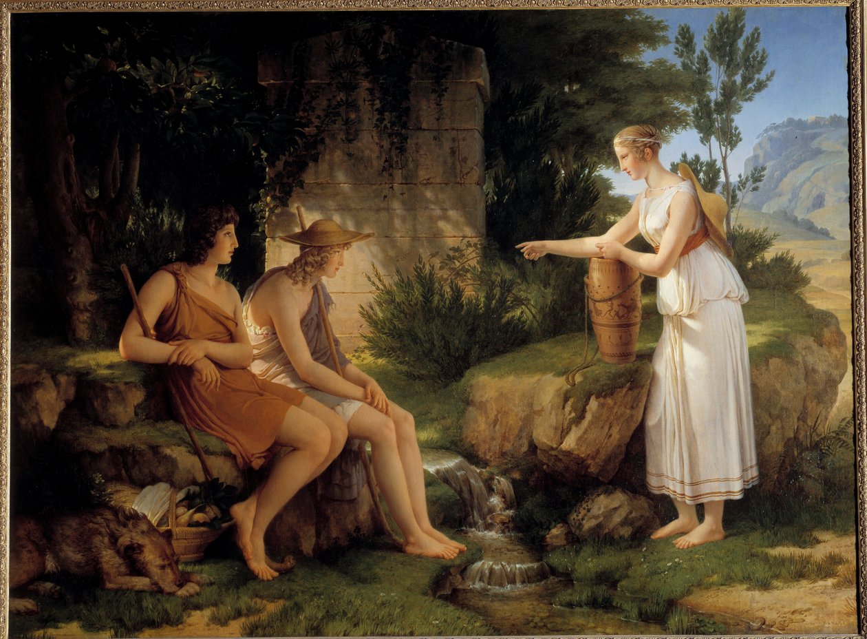 الرعاة في قبر أمينتاس رسم توضيحي لـ "الآدليز" لسالومون جيسنر - رسم بيير نارسيس (بيير نارسيس) غيران (1774-1833) 1805 شمس 1،31x1،76 م بواسطة البارون بيير نارسيس غيرين