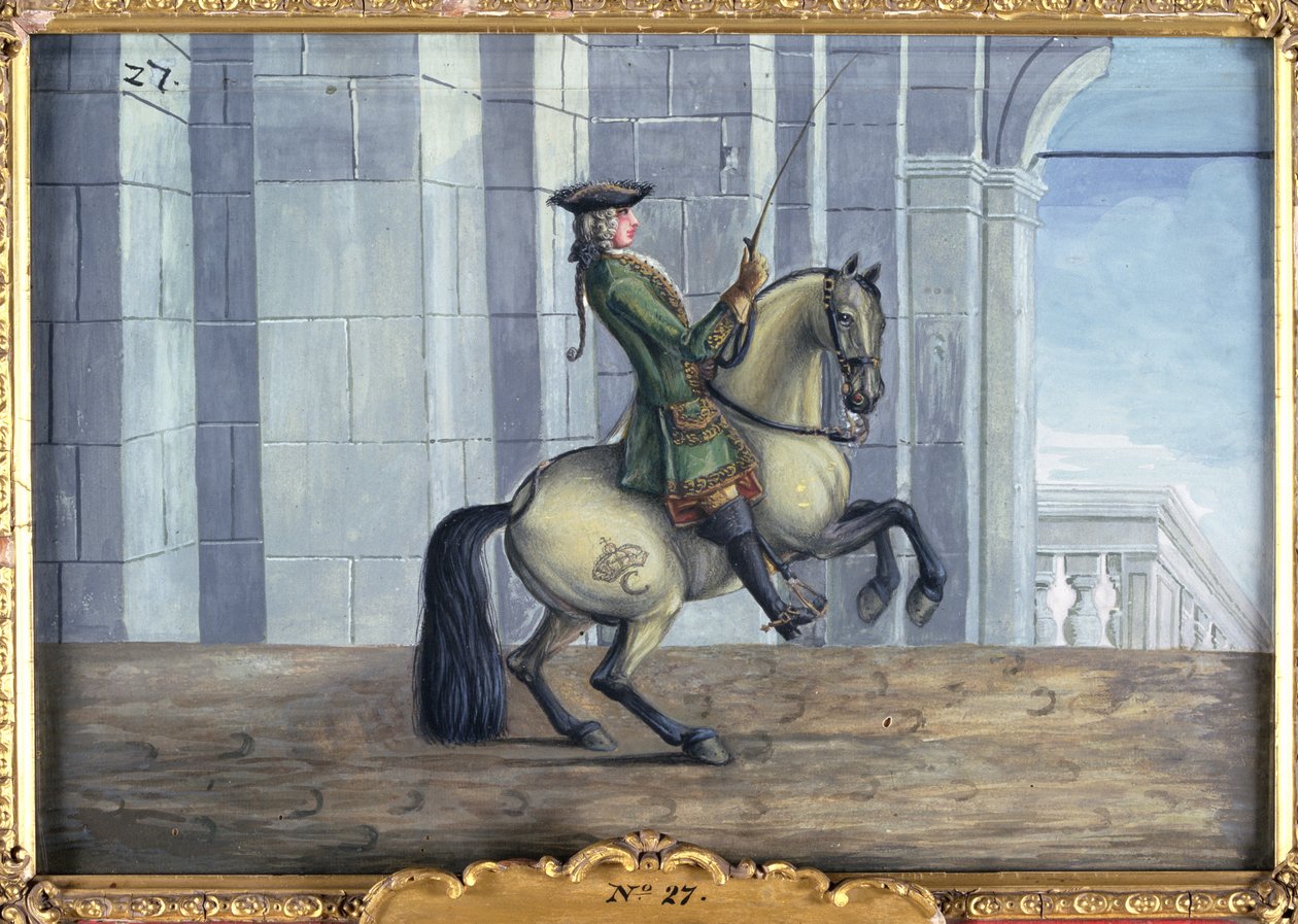 رقم 27 حصان رمادي من مدرسة الفروسية الإسبانية يقوم بحركة ترويض تسمى ليفاد (مرحاض على ورق) بواسطة البارون ريس أيزنبرغ