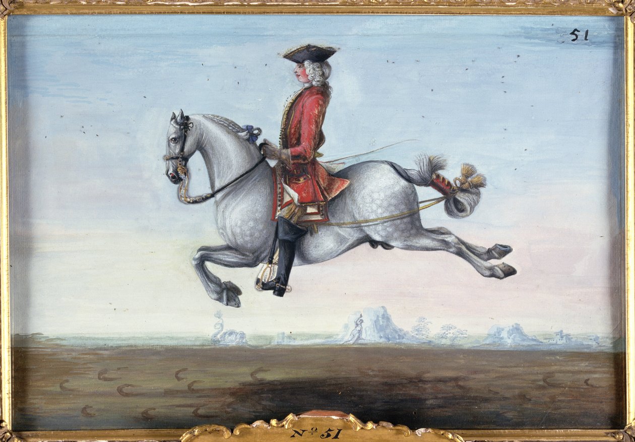 رقم 51 حصان رمادي مرقط من مدرسة الفروسية الإسبانية يقوم بحركة ترويض تسمى كابريول (مرحاض على الورق) بواسطة البارون ريس أيزنبرغ