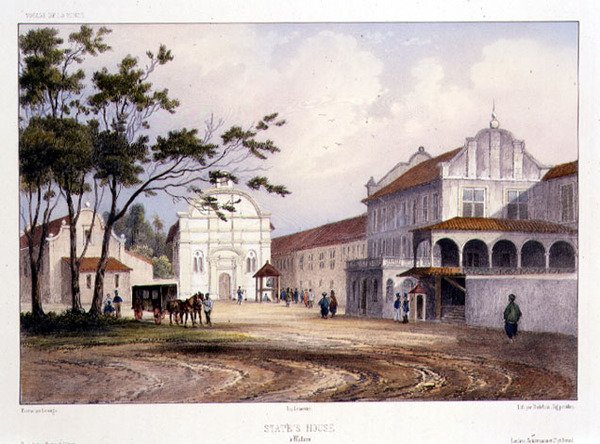 منزل الدولة في ملقا ، نقش بواسطة ألفريد ليون ليميرسييه ، حوالي عام 1840 (ليثو ملون يدويًا) بواسطة بارثيليمي (بعد) لوفيرني