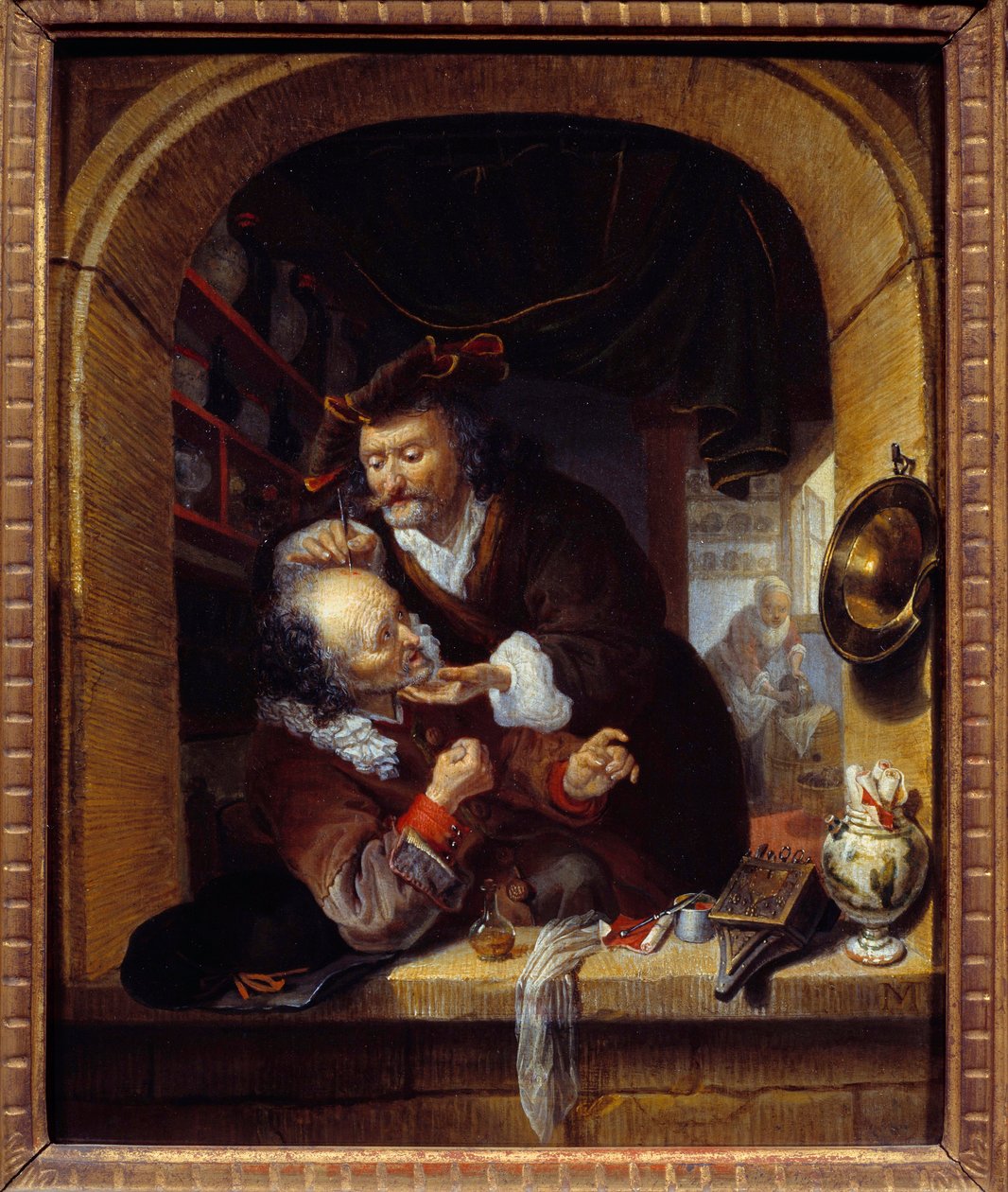 الطب: "" طبيب يصنع نزيفًا طفيفًا لعلاج صداع مريضه "" لوحة لبارثولوميوس ماتون (1643-1684) القرن السابع عشر. 0،27x0،21 م باريس ، متحف دو بيتيت باليه بواسطة بارثولوماوس ماتون