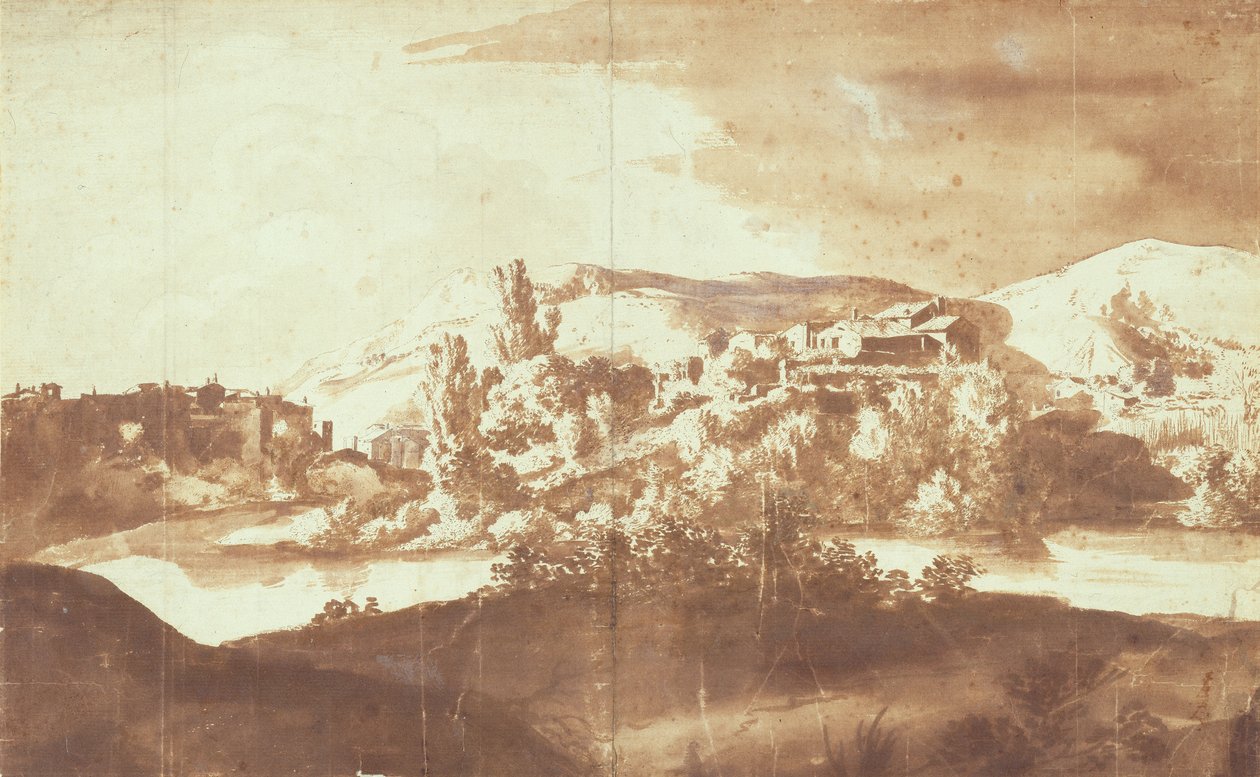 القرية الإيطالية على نهر ، 1627 ج (قلم وحبر مع طلاء فوق الجرافيت على ورق) بواسطة بارثولوموس برينبرج