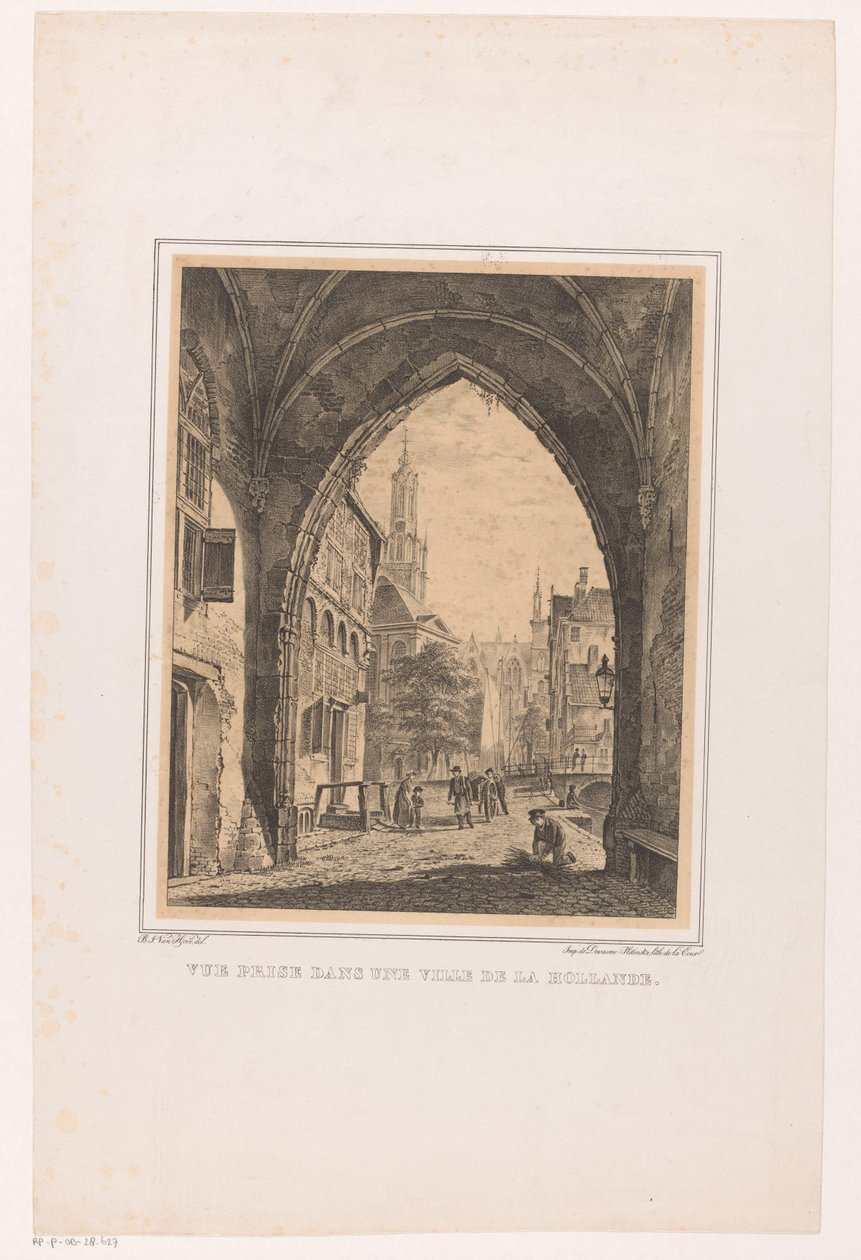 Cityscape from under a gate Vue prize dans une ville de la Hollande (العنوان على الكائن) بواسطة بارثولوموس يوهانس فان هوف