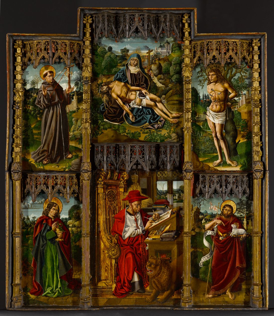 المذبح المحمول: Pietà و Saints Francis و Sebastian و John the Evangelist و Jerome و John the Baptist ، c.1500 بواسطة بارتولومي بيرميجو