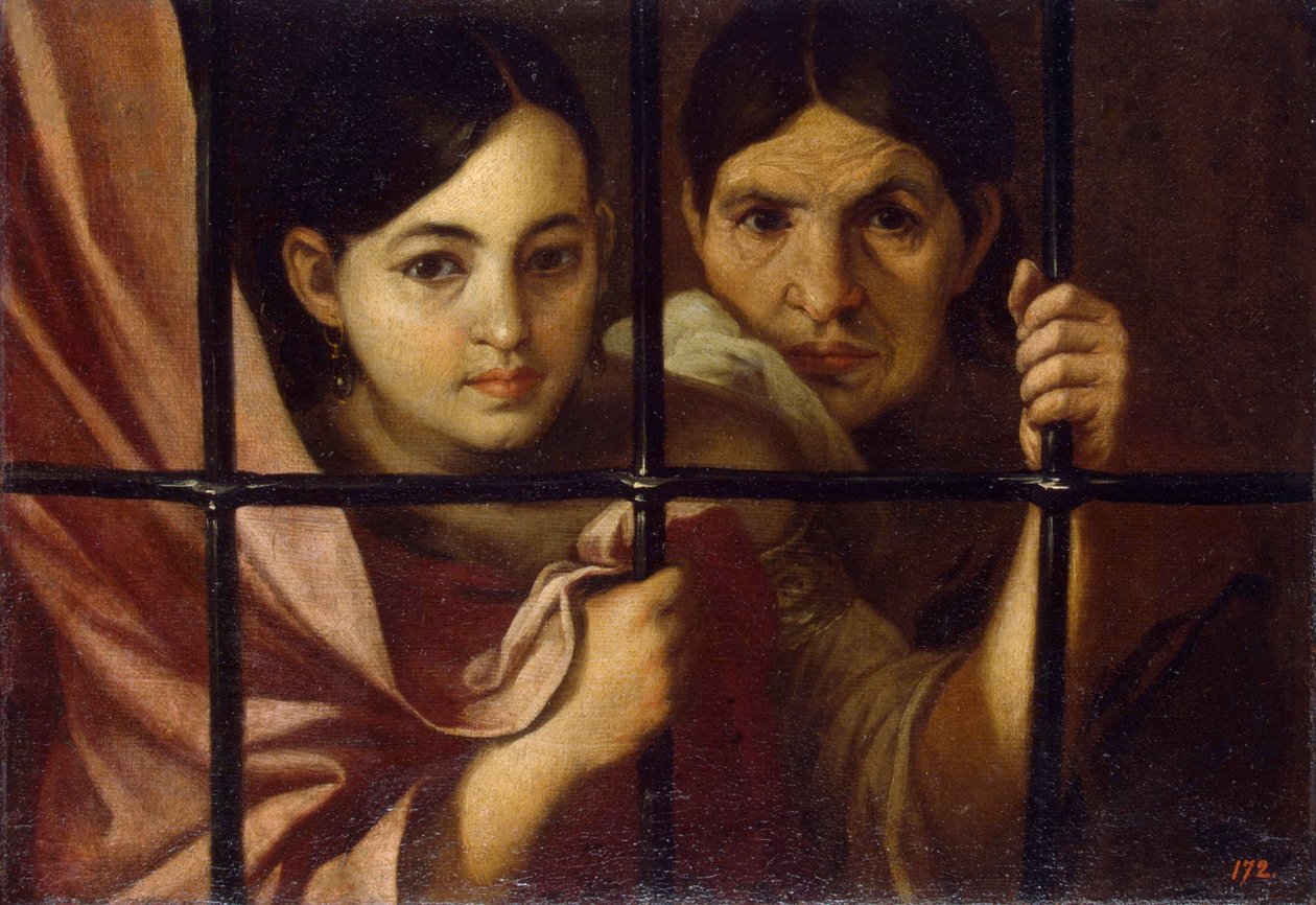Deux femmes derriere une grille (امرأتان خلف مصبغة) - رسم بارتولومي إستيبان موريللو (1617-1682) ، زيت على قماش بواسطة بارتولومي إستيبان موريللو