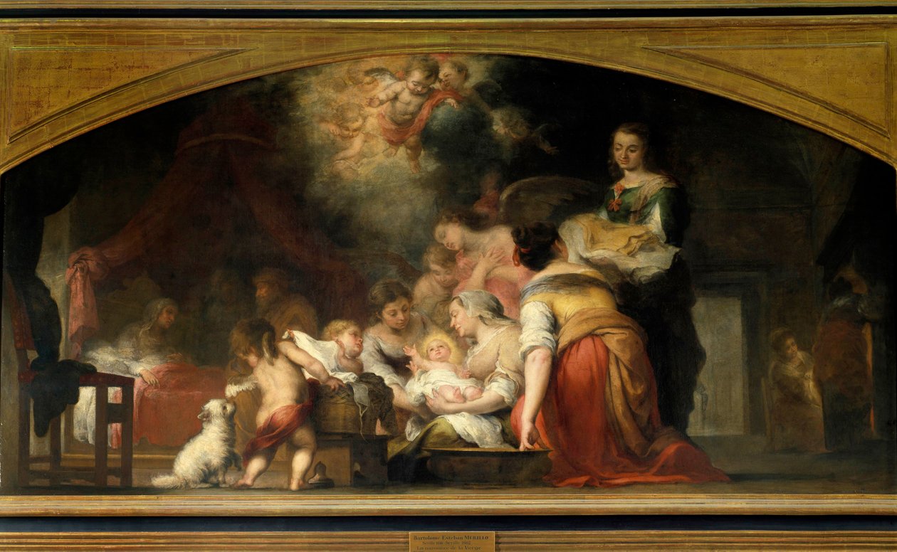 ولادة العذراء مريم تلد مريم. رسم بارتولومي موريللو (1618-1682) 1661 صن. 1.79x3.49 م باريس ، متحف اللوفر بواسطة بارتولومي إستيبان موريللو