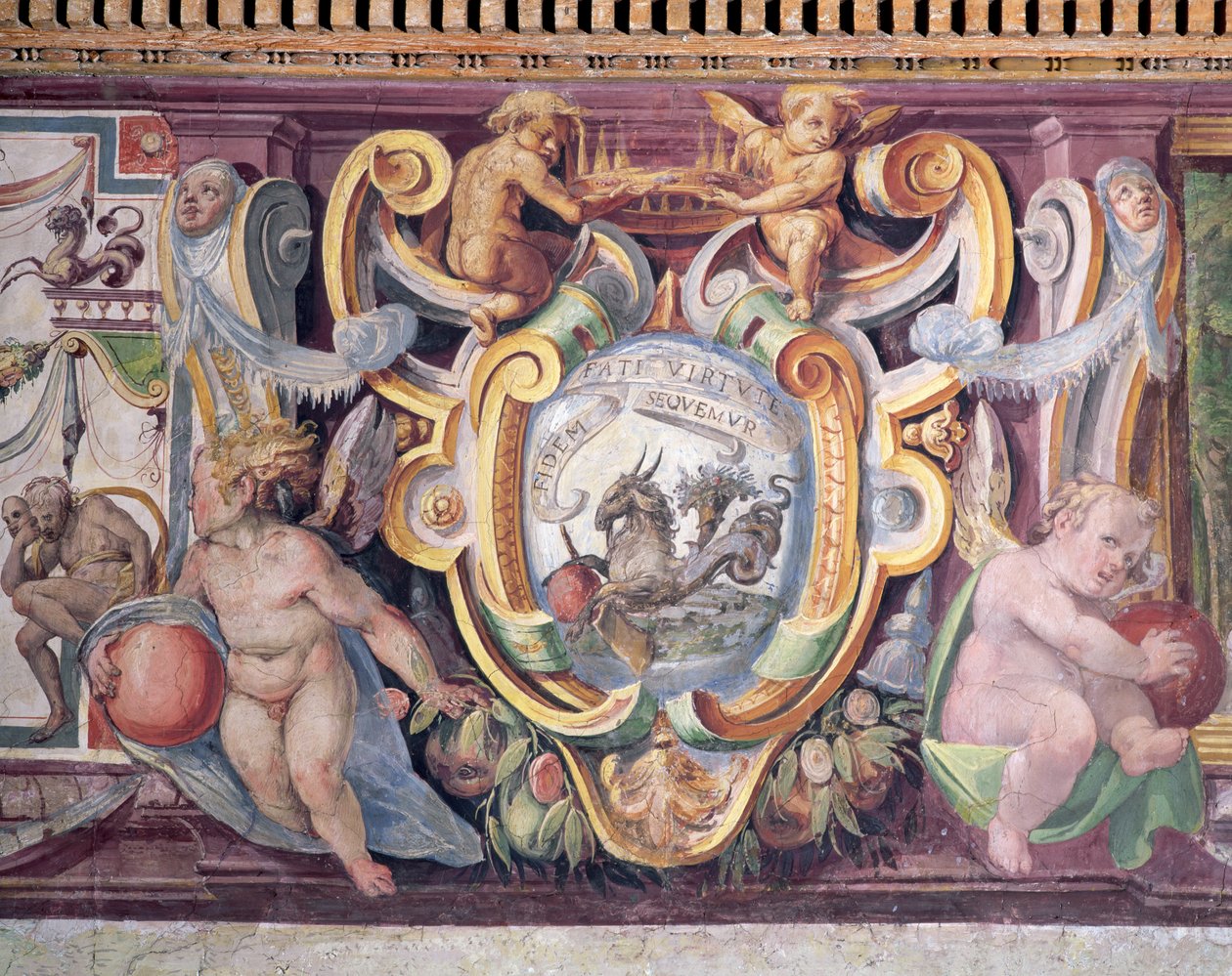 قاعة Sala del Granduca di Toscana لدوق توسكانا الكبير تفاصيل الإفريز الذي يصور علامات البروج ، برج الجدي ، شعار فرانشيسكو دي ميديتشي 1541-87 1564-75 فريسكو بواسطة بارتولوميو عماناتي