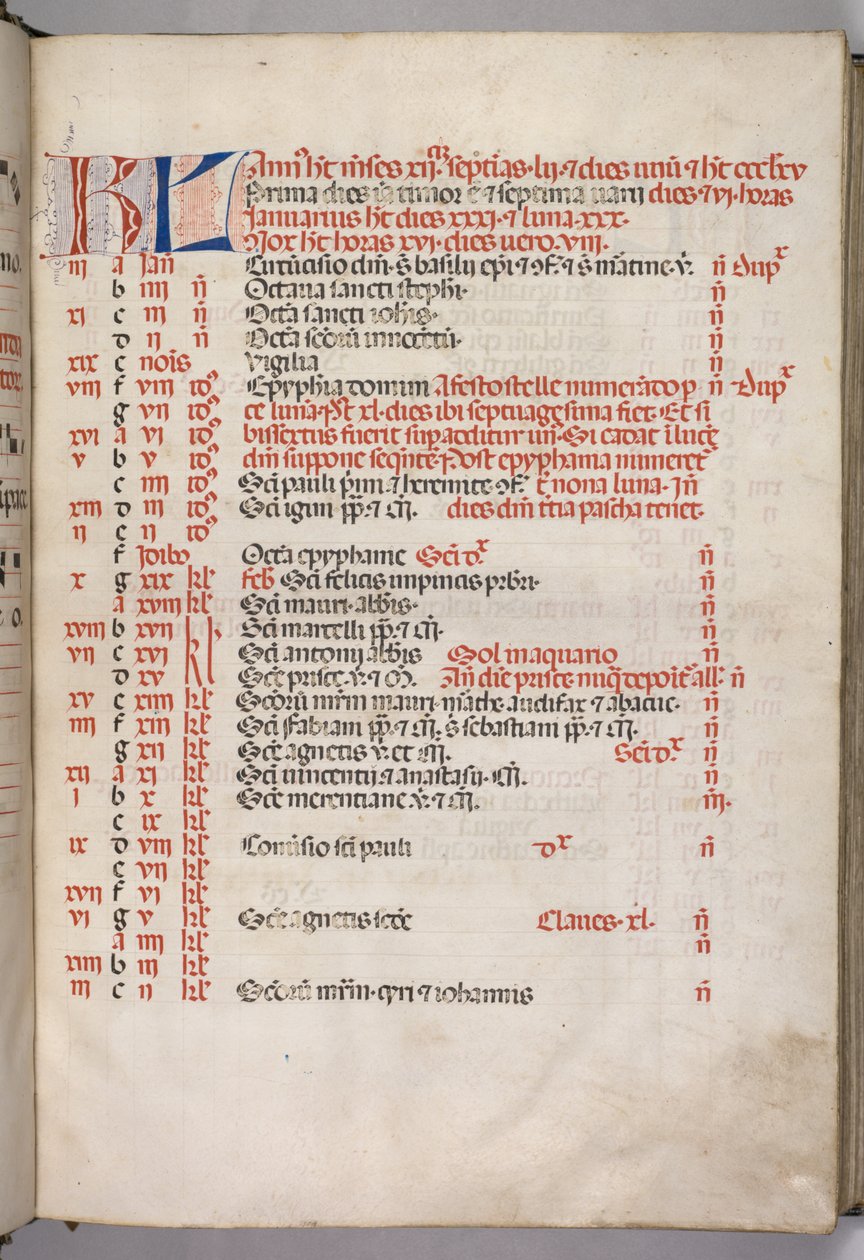 Missale: Fol. 3 و: صفحة تقويم يناير 1469. بواسطة بارتولوميو كابورالي