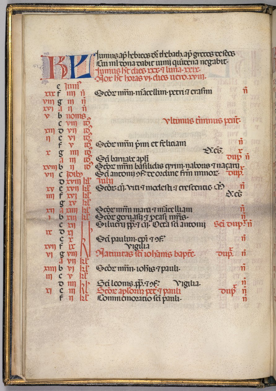 Missale: Fol. 5v: صفحة تقويم يونيو ، 1469. بواسطة بارتولوميو كابورالي