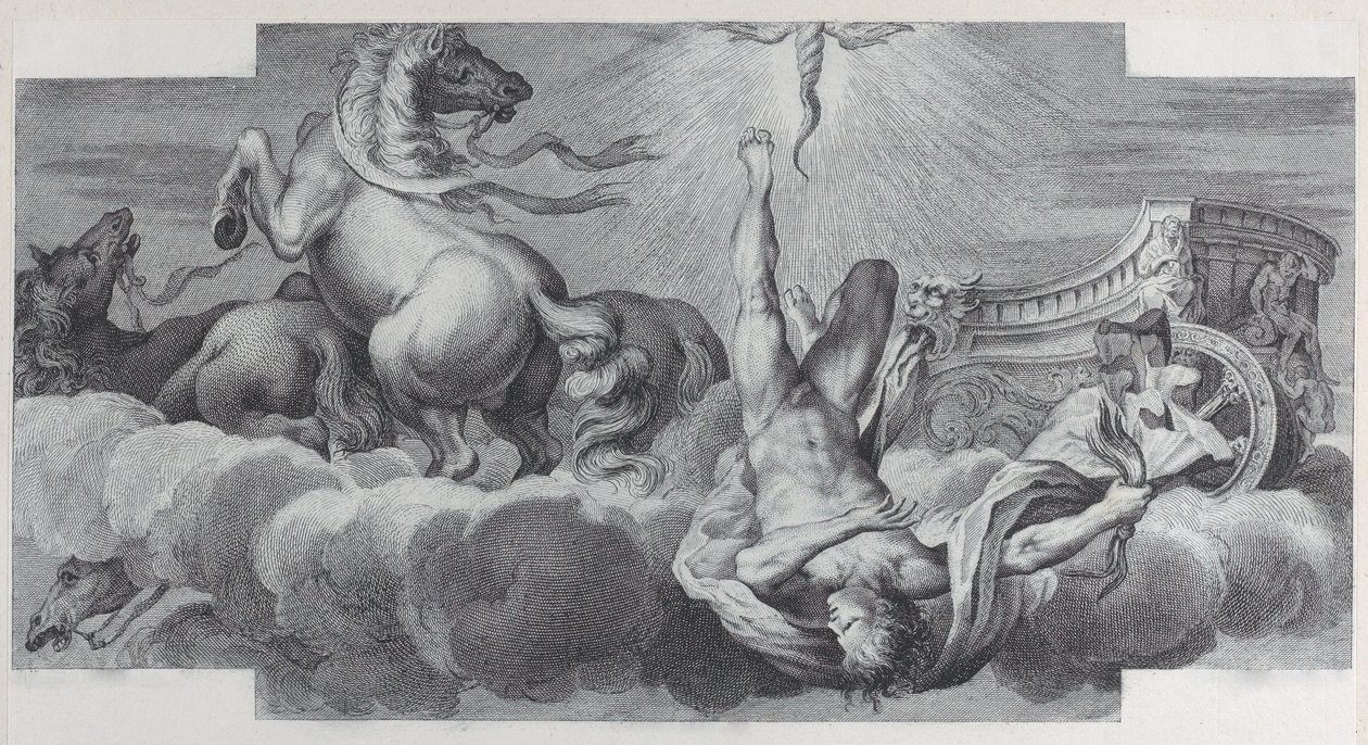 اللوحة 34: العجلة ، Auriga ، يسقط من العربة في المركز ، بثلاثة خيول في ... 1756. المؤلفون: بارتولوميو كريفيلاري ، غابرييل سودرلينج. بواسطة بارتولوميو كريفيلاري ، غابرييل سودرلينج