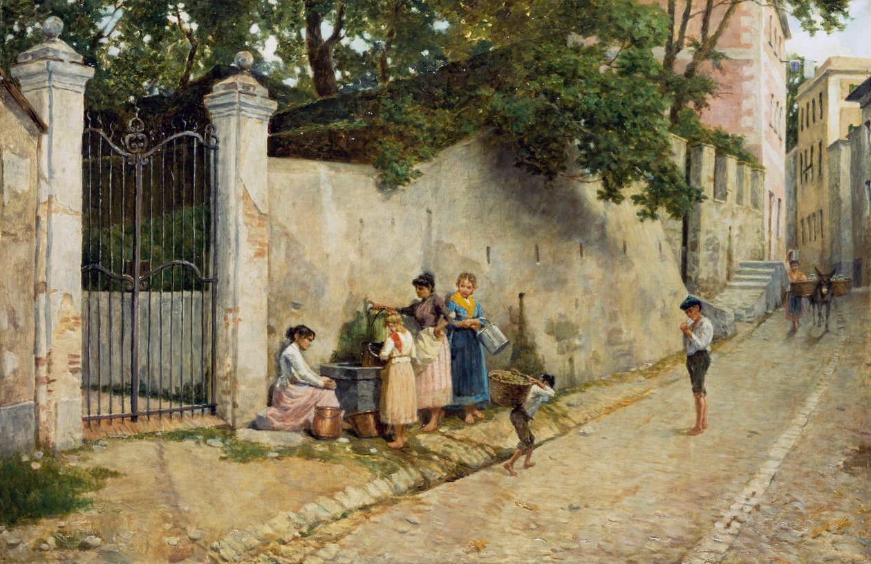 عند النافورة، لبارتولوميو جوليانو (1825-1909)، زيت على قماش، 64.5x100 سم بواسطة بارتولوميو جوليانو