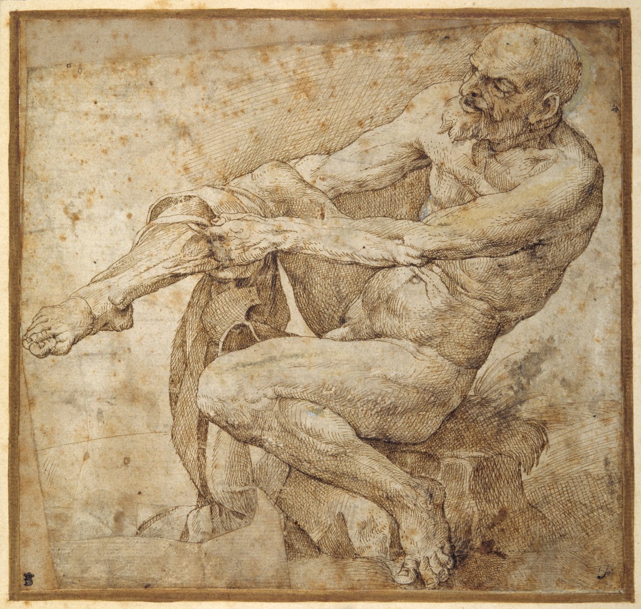 رجل عاري يسحب خرطومه ، بعد Marcantonio Raimondi و Michelangelo Buonarroti (قلم وحبر بني على ورق) بواسطة بارتولوميو باساروتي