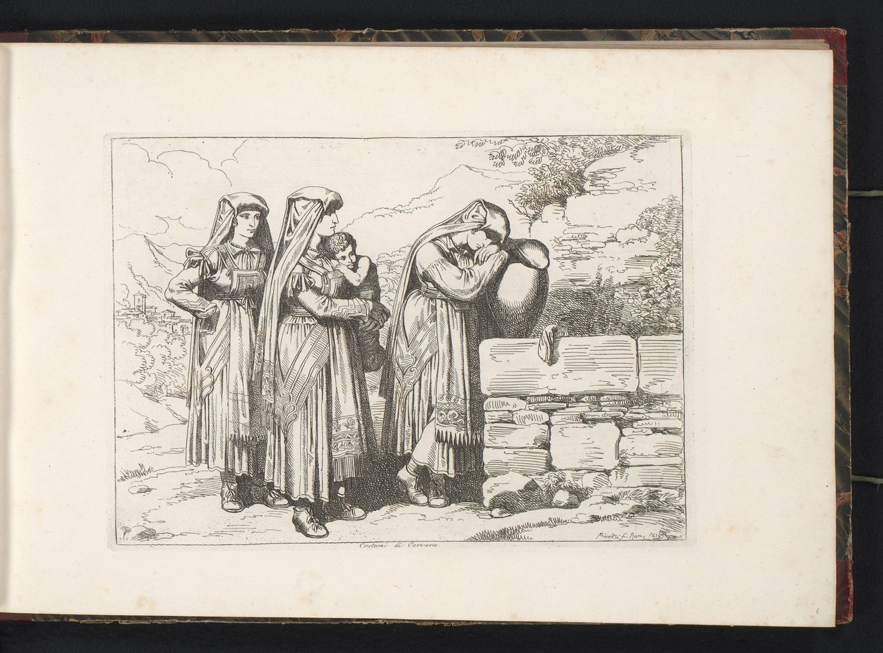 ثلاث نساء وطفل من سيرفارا دي روما كوستومي دي سيرفارا (العنوان على الكائن) طبعات أزياء مع شخصيات من روما والمناطق المحيطة بها (عنوان المسلسل) Nuova raccolta di cinquanta costumi de contorni di Roma (عنوان المسلسل) بواسطة بارتولوميو بينيلي