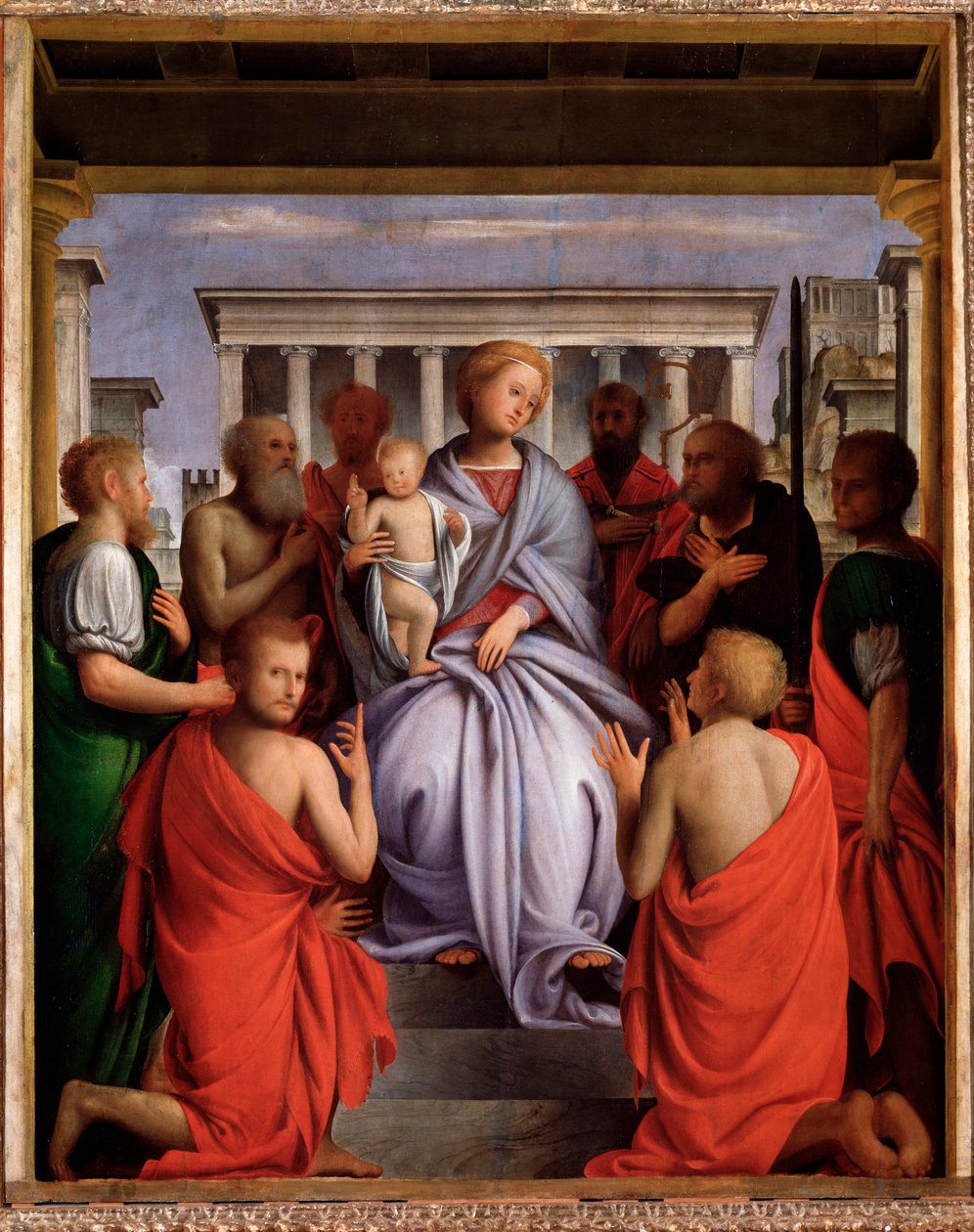Madonna col Bambino e otto santi (Virgin and Child with Eight Saints, Madonna and Child with Eight Saints) Painting by Bartolommeo Suardi said the Bramantino (1465-1530) 1515-1520 Dim 214x104 cm Florence, Palazzo Pitti بواسطة بارتولوميو سواردي برامانتينو