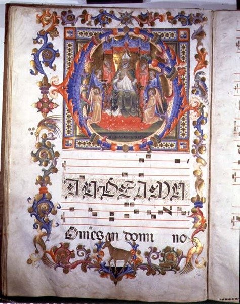 Ms 557 f.35v صفحة مزخرفة تصور إيجيديوس (القديس جايلز) (dc700) متوجًا ومحاطًا بالملائكة ، من "Messale di Sant'Egidio" ، ينير بواسطة Bartolomeo di Fruosino (1366-1441) 1421 (رق) (لمزيد من التفاصيل) انظر 78865) بواسطة بارتولوميو دي فروزينو