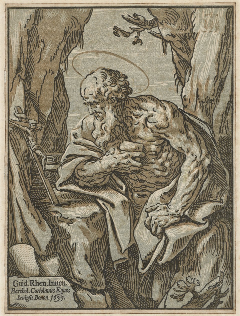 القديس جيروم ، بعد غيدو ريني ، 1637 (قطع خشبية من ثلاث كتل على ورق مسدود) بواسطة بارتولوميو كوريولانو