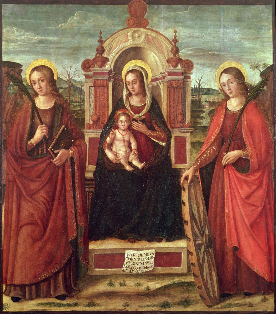 مادونا وطفلها توجها القديسة كاترين الأسكندرية وشهيده المقدسة (لوحة) بواسطة Bartolommeo de Gentile de Urbino