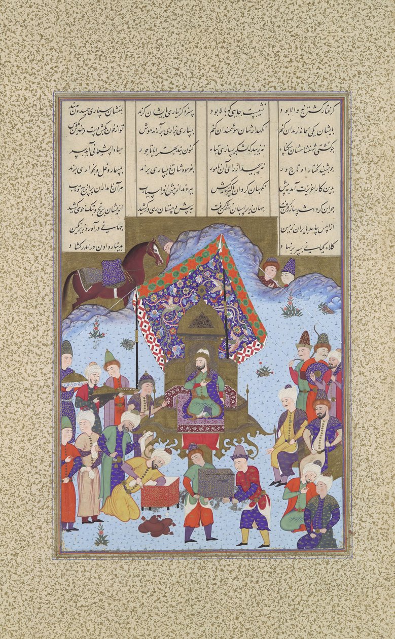 أفراسياب على العرش الإيراني ، ورقة 105 و من كتاب شاهنامه للملوك ... ، كاليفورنيا. 1525-30. بواسطة بشدان قارة