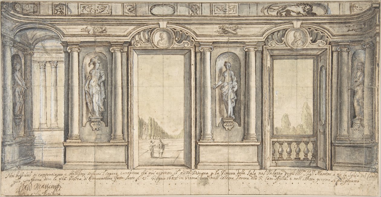تصميم لتزيين الجدران المطلية في Palazzo Massimo all'Aracoeli Rome ، 1683. بواسطة باسيليو بريكيو