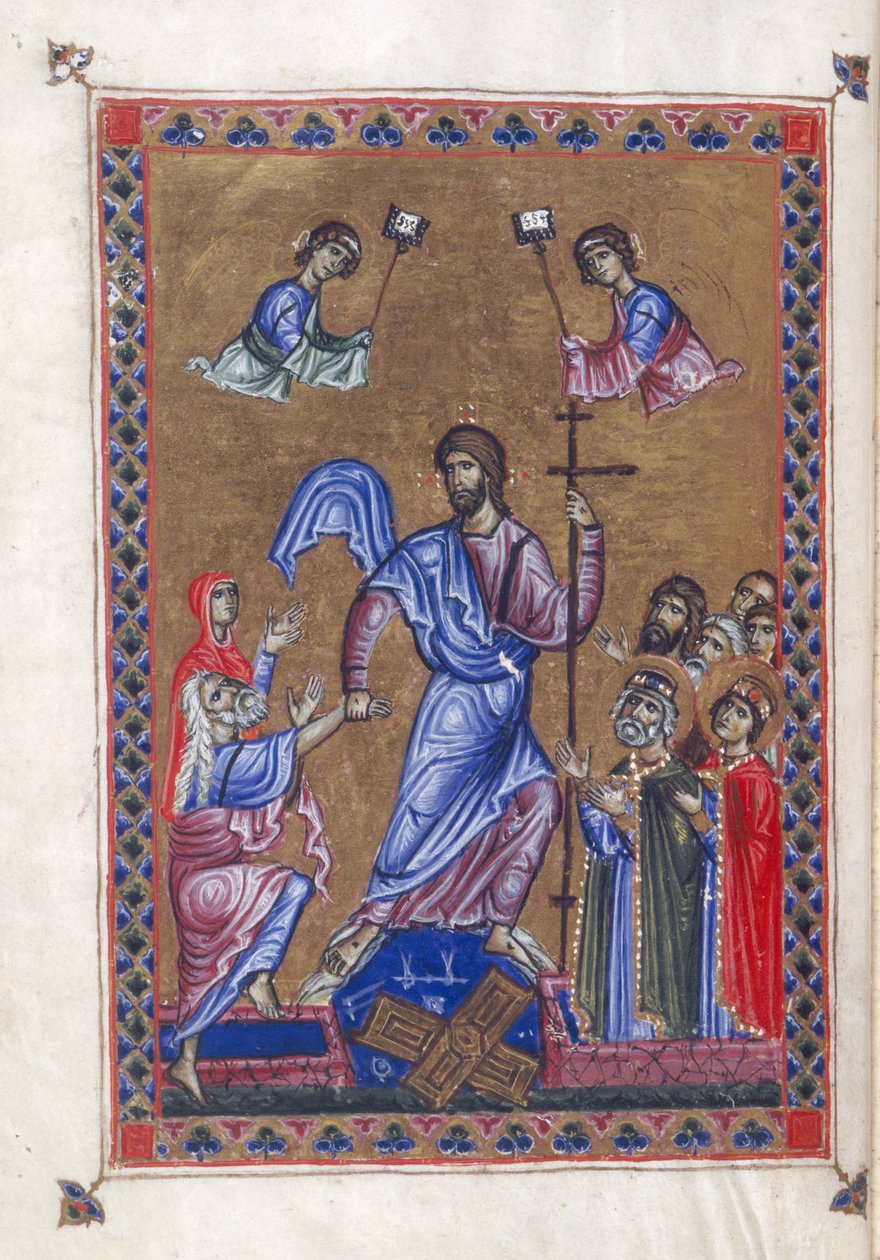 Egerton 1139 ، f.9v Harrowing of Hell ، رسم توضيحي من "سفر المزامير للملكة Melisende ، القدس حوالي 1131-40 (حبر ولون وذهب على ورق) بواسطة باسل باسل