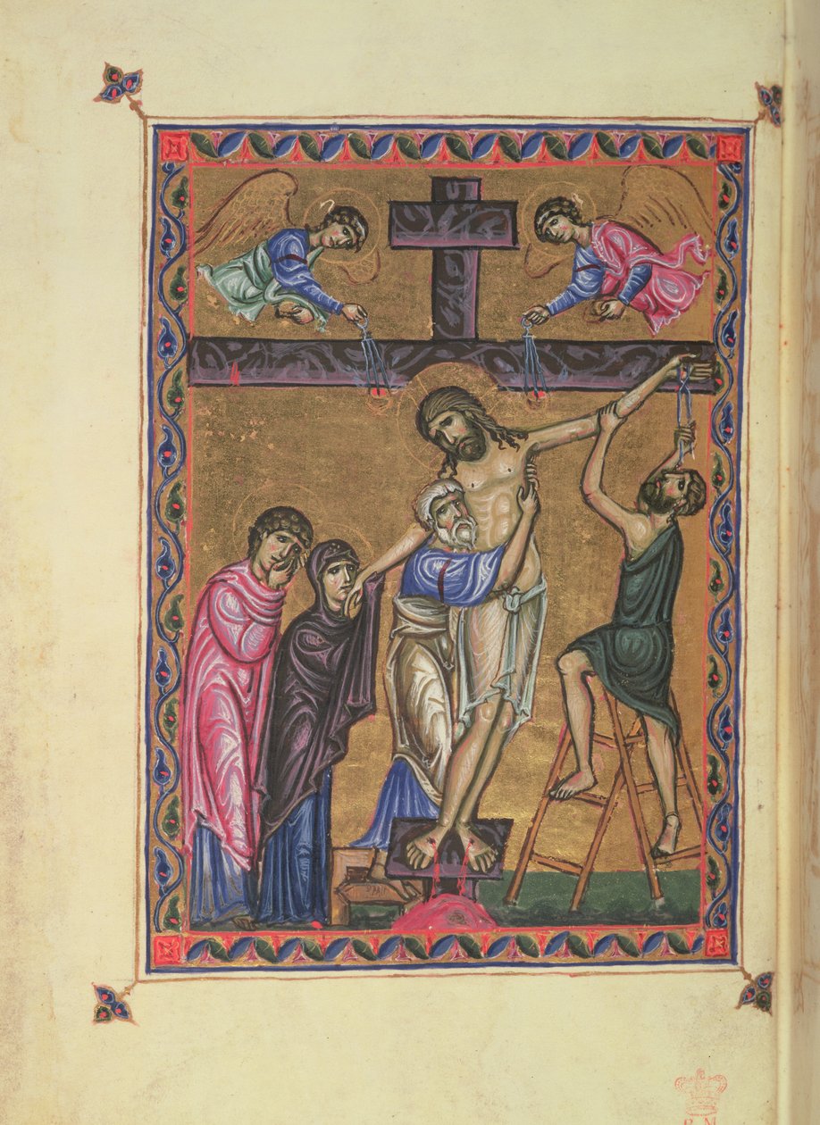 النزول من على الصليب ، ج. 8b من MS Egerton 1139 ، سفر المزامير للملكة ميليسيندي ، القدس بواسطة باسل باسل