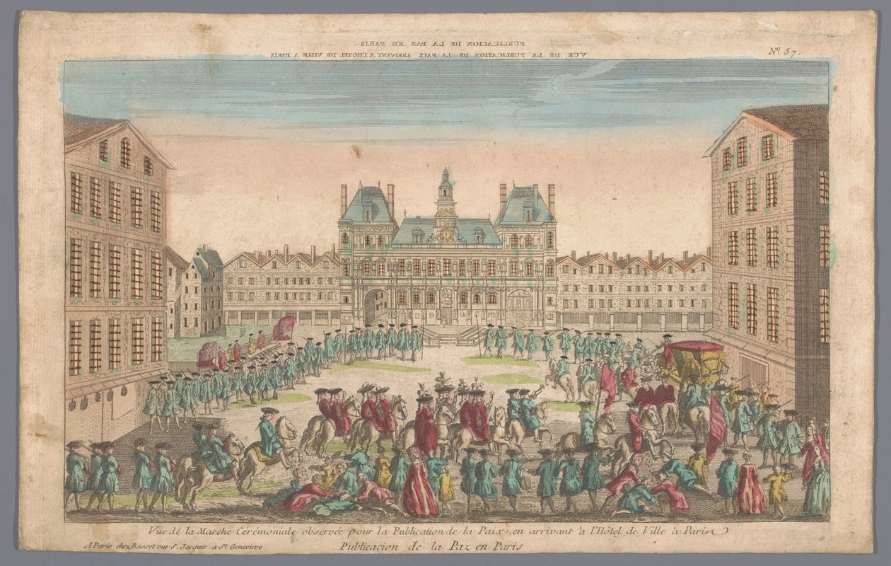 منظر لمبنى البلدية في باريس مع موكب يعلن السلام Publicacion de la paz en Paris (العنوان على الكائن) بواسطة الباسط