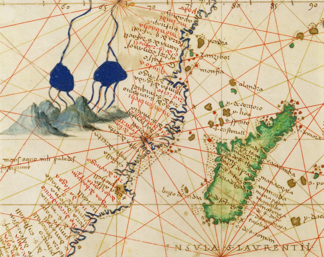 مدغشقر ، من أطلس العالم في 33 خريطة ، البندقية ، 1 سبتمبر 1553 (حبر على الرق) (التفاصيل من 330955) بواسطة باتيستا أغنيسي