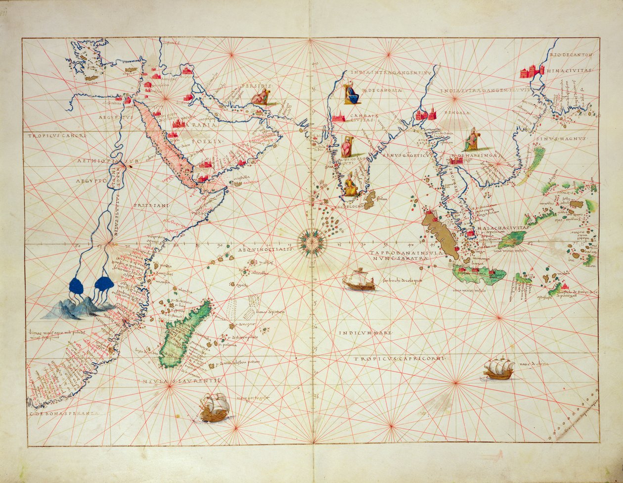 المحيط الهندي ، من أطلس للعالم في 33 خرائط ، البندقية ، 1 سبتمبر 1553 (حبر على الرق) (انظر أيضًا 330956) بواسطة باتيستا أغنيسي