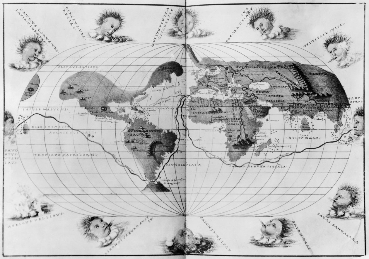 خريطة العالم التي تتبع رحلة ماجلان العالمية ، من "أطلس بورتولان للعالم" ، ج 1540 (انظر أيضًا 63417 ، 151822) بواسطة باتيستا أغنيسي