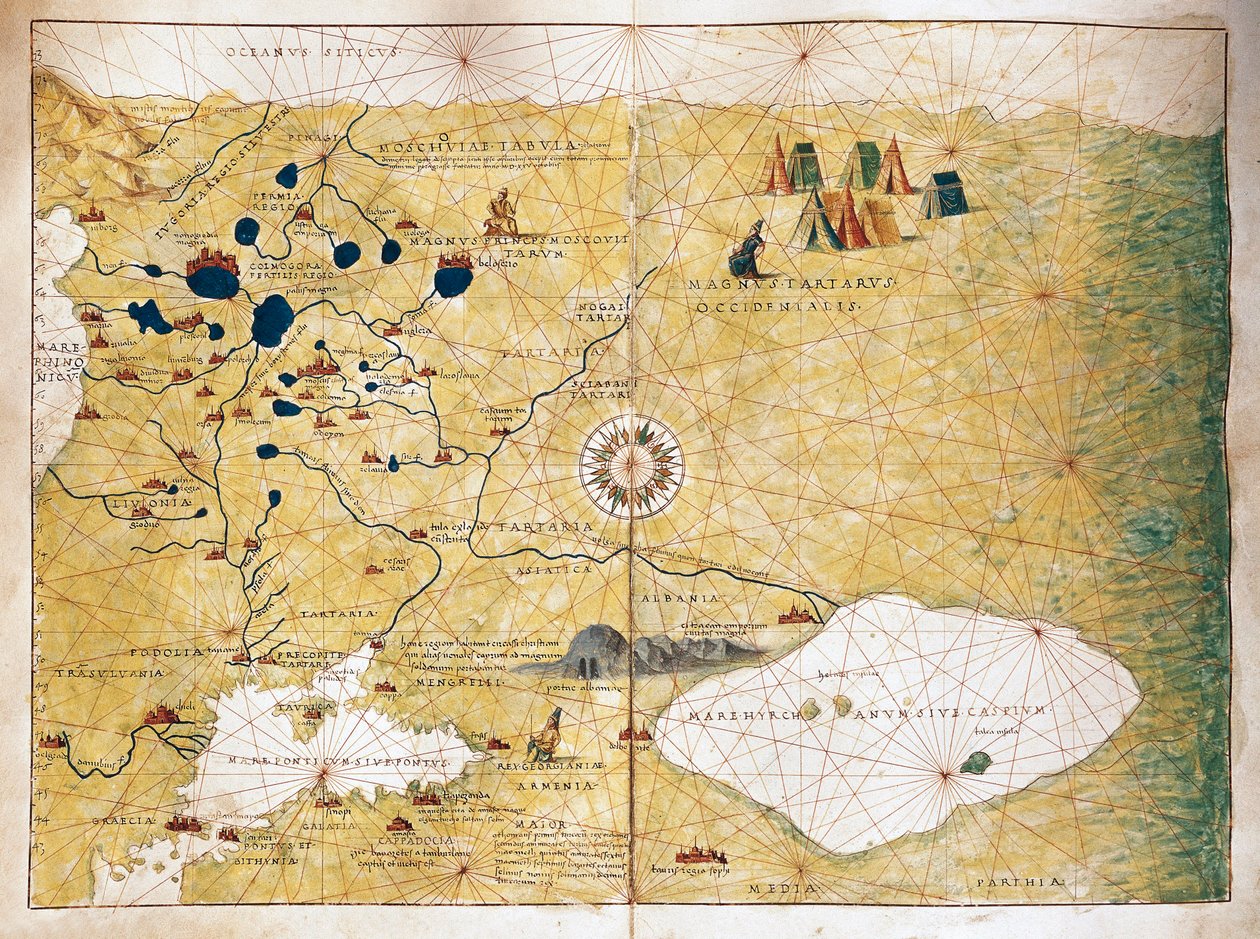 Moschoviae Tabula ، خريطة روسيا والمدن الأوروبية على طول نهر الفولغا بواسطة باتيستا أغنيسي