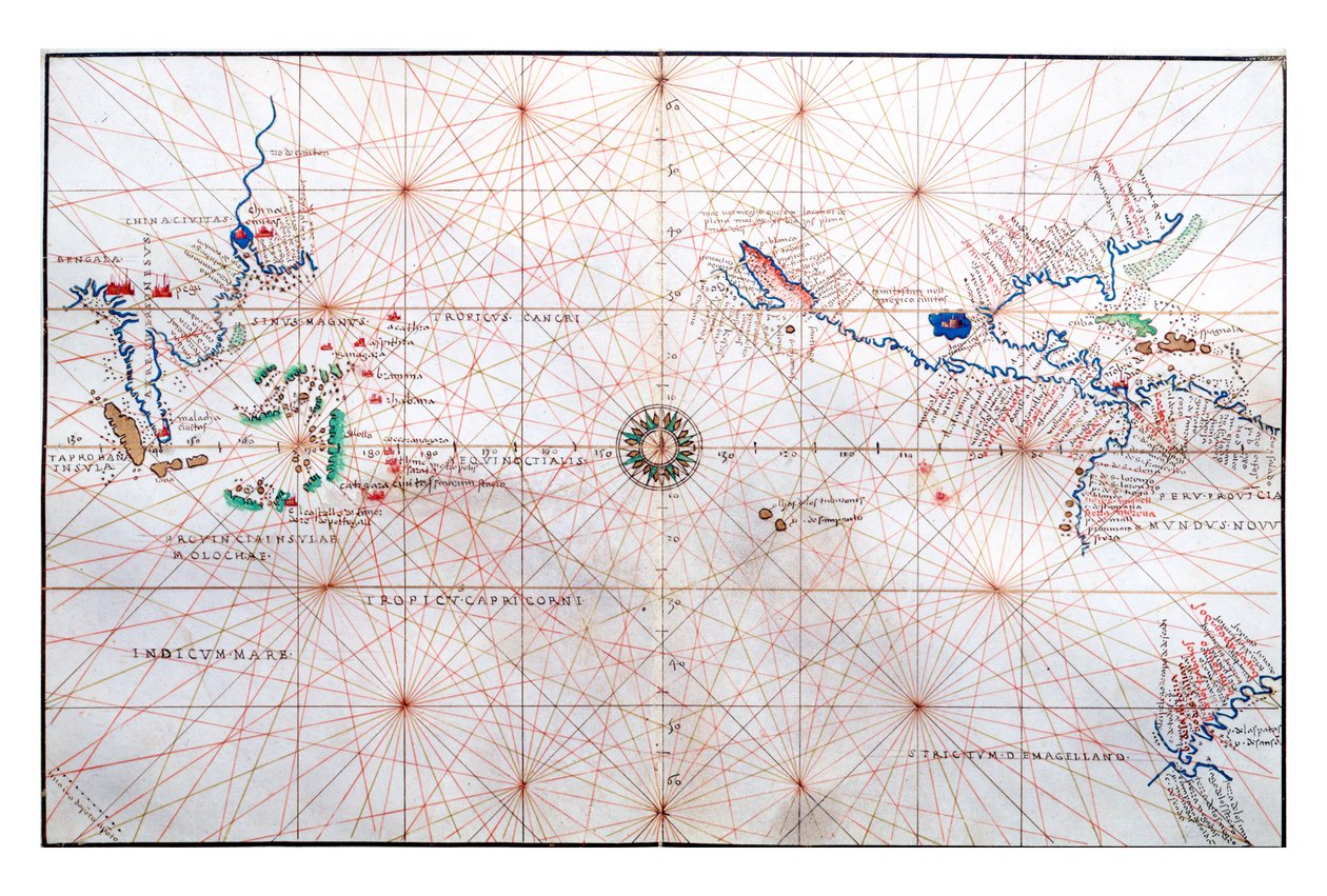 مخطط ملاحة يوضح الصين ، وسيلان ، والفلبين ، ومناطق السرطان والجدي ، c.1540 بواسطة باتيستا أغنيسي