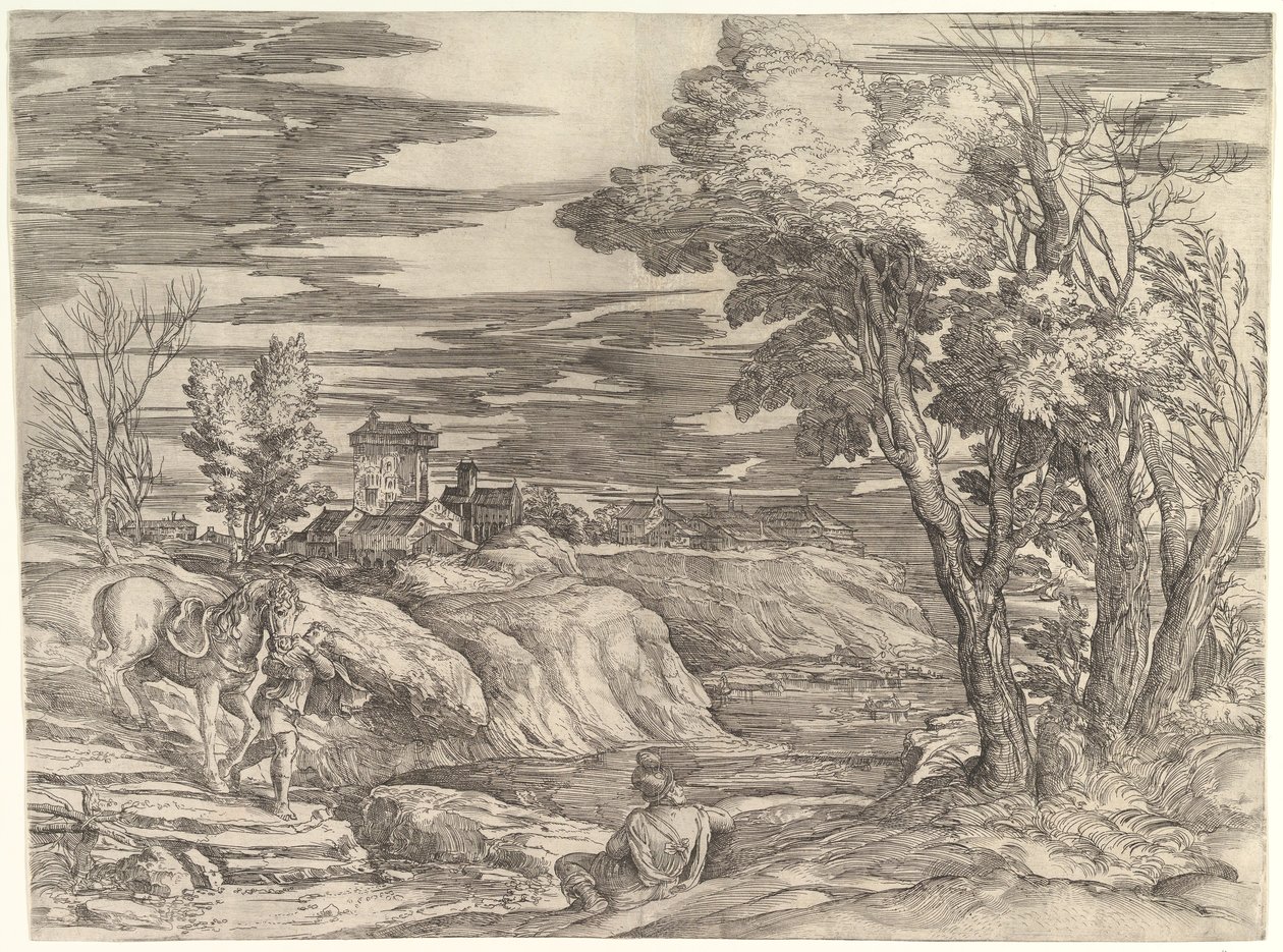 منظر طبيعي مع فارس وعريسه ، كاليفورنيا. 1552-61. بواسطة باتيستا فرانكو فينيزيانو