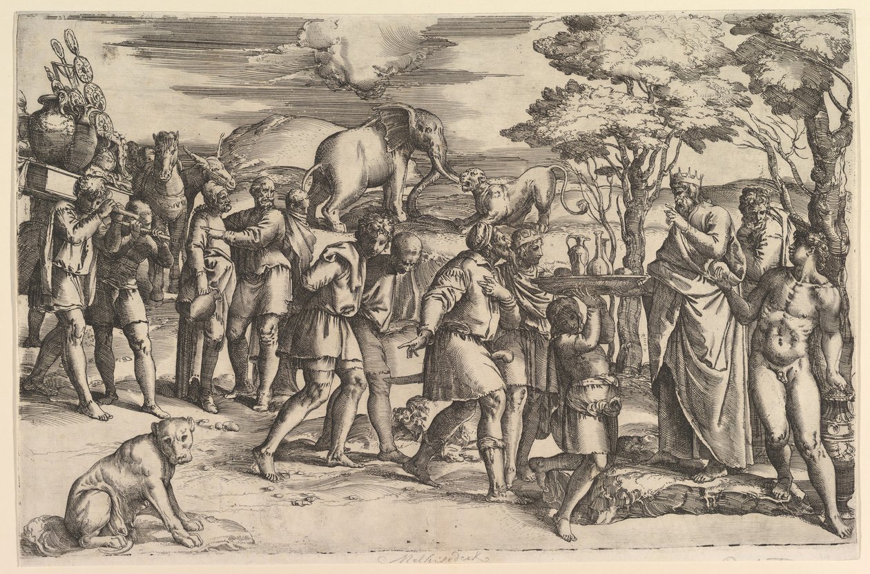ملكيزادق يقدم الخبز والنبيذ لإبراهيم ، كاليفورنيا. 1547. بواسطة باتيستا فرانكو فينيزيانو