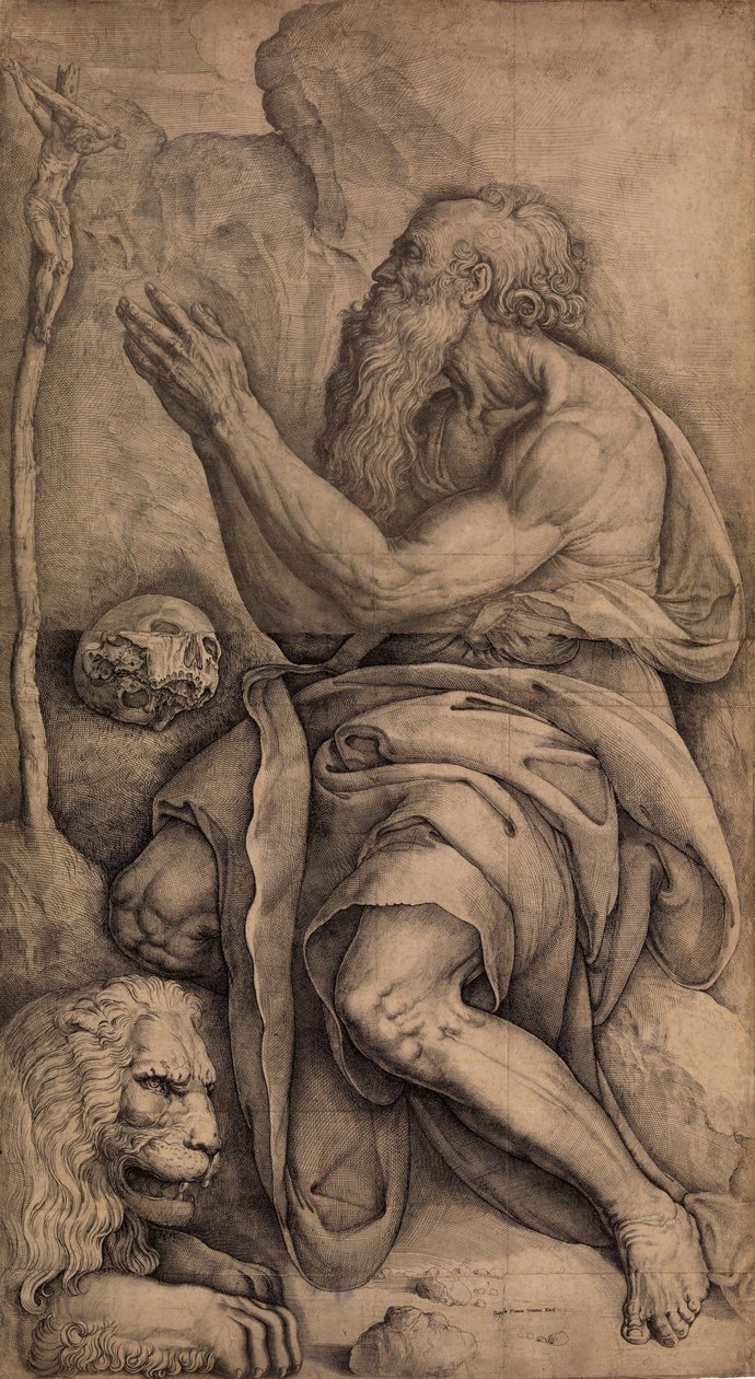 القديس جيروم راكعًا أمام الصليب ، مع جمجمة وأسد ، كاليفورنيا. 1550-60. بواسطة باتيستا فرانكو فينيزيانو