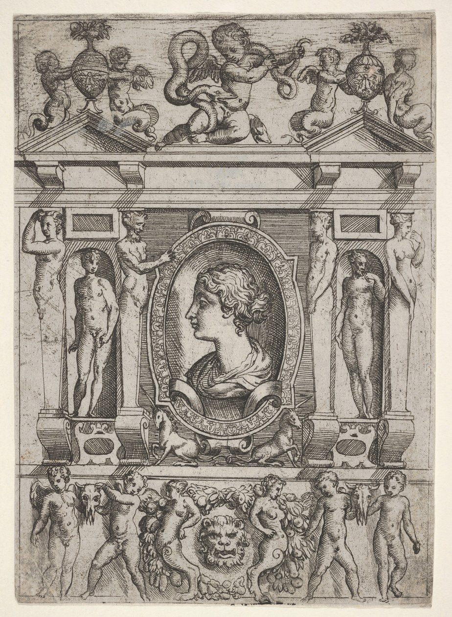 تمثال نصفي لامرأة في صورة جانبية متجهة إلى اليسار ، في إطار مفصل بأشكال في n ... ، ca. 1540-80. بواسطة باتيستا ديل مورو