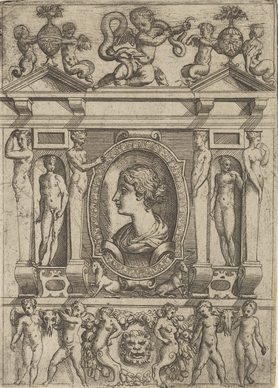 تمثال نصفي لامرأة في صورة جانبية متجهة إلى اليسار ، في إطار مفصل بأشكال في n ... ، ca. 1540-80. بواسطة باتيستا ديل مورو