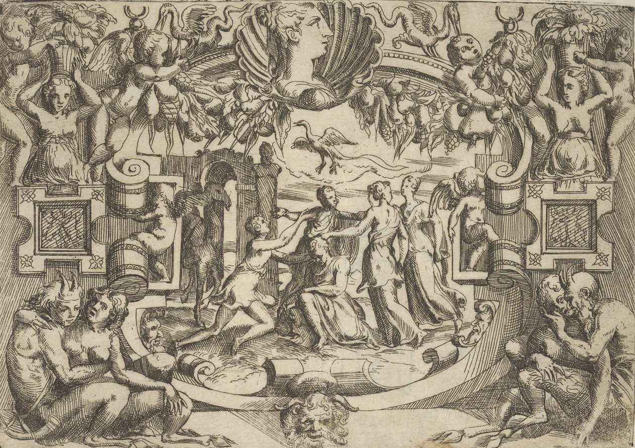 أربع نساء يحيطن شخصية جالسة ، فوقها عصفور ، داخل إطار مفصل ... ، كاليفورنيا. 1540-80. بواسطة باتيستا ديل مورو
