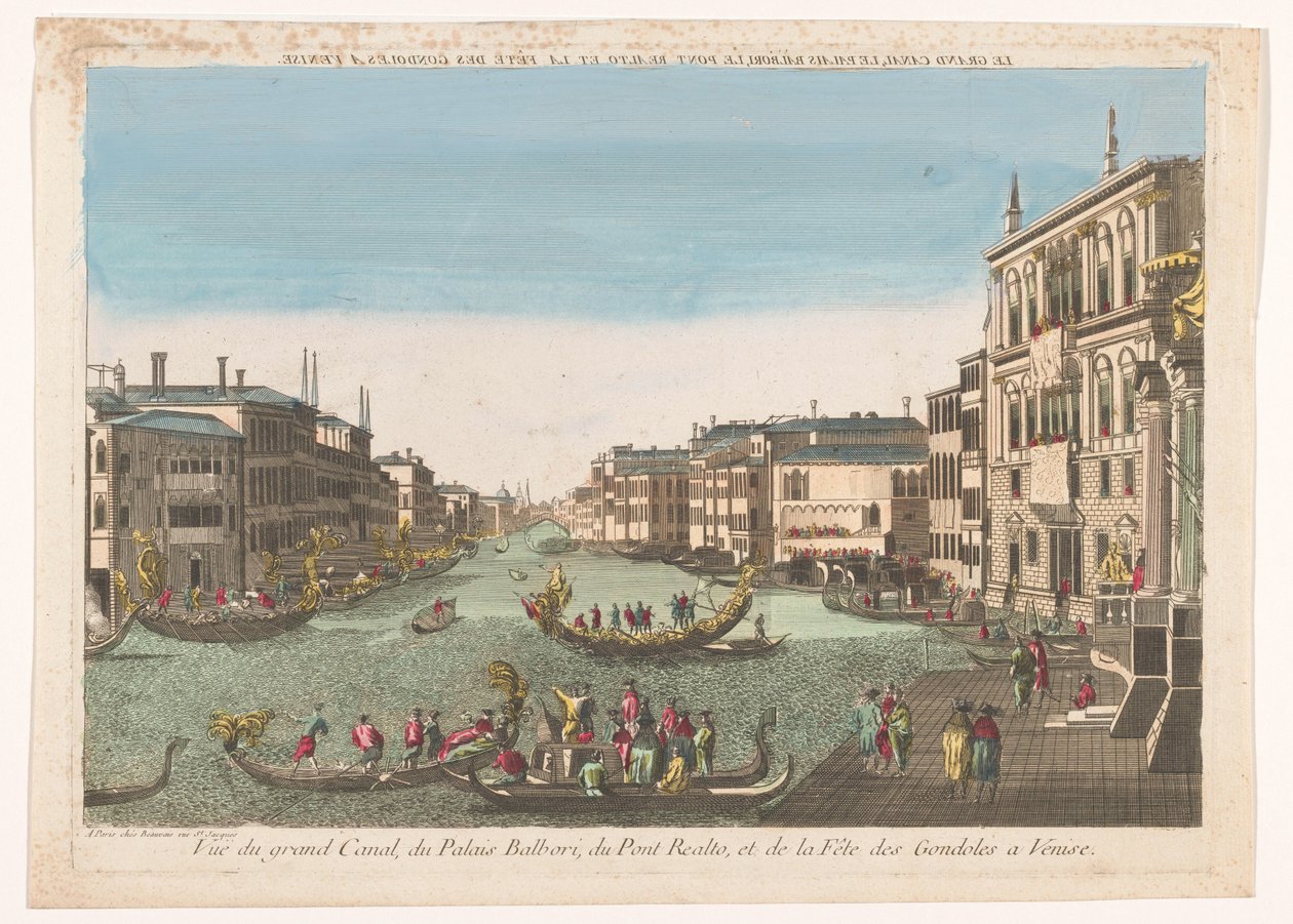 Gezicht op de Canal Grande التقى بجنادل ، قصر بالازو بالبوري إن دي بونتي ريالتو تي فينيتيتش القناة الكبرى وقصر بالبوري وجسر ريلتو ومهرجان الجندول في البندقية (العنوان على الجسم) بواسطة بوفيه