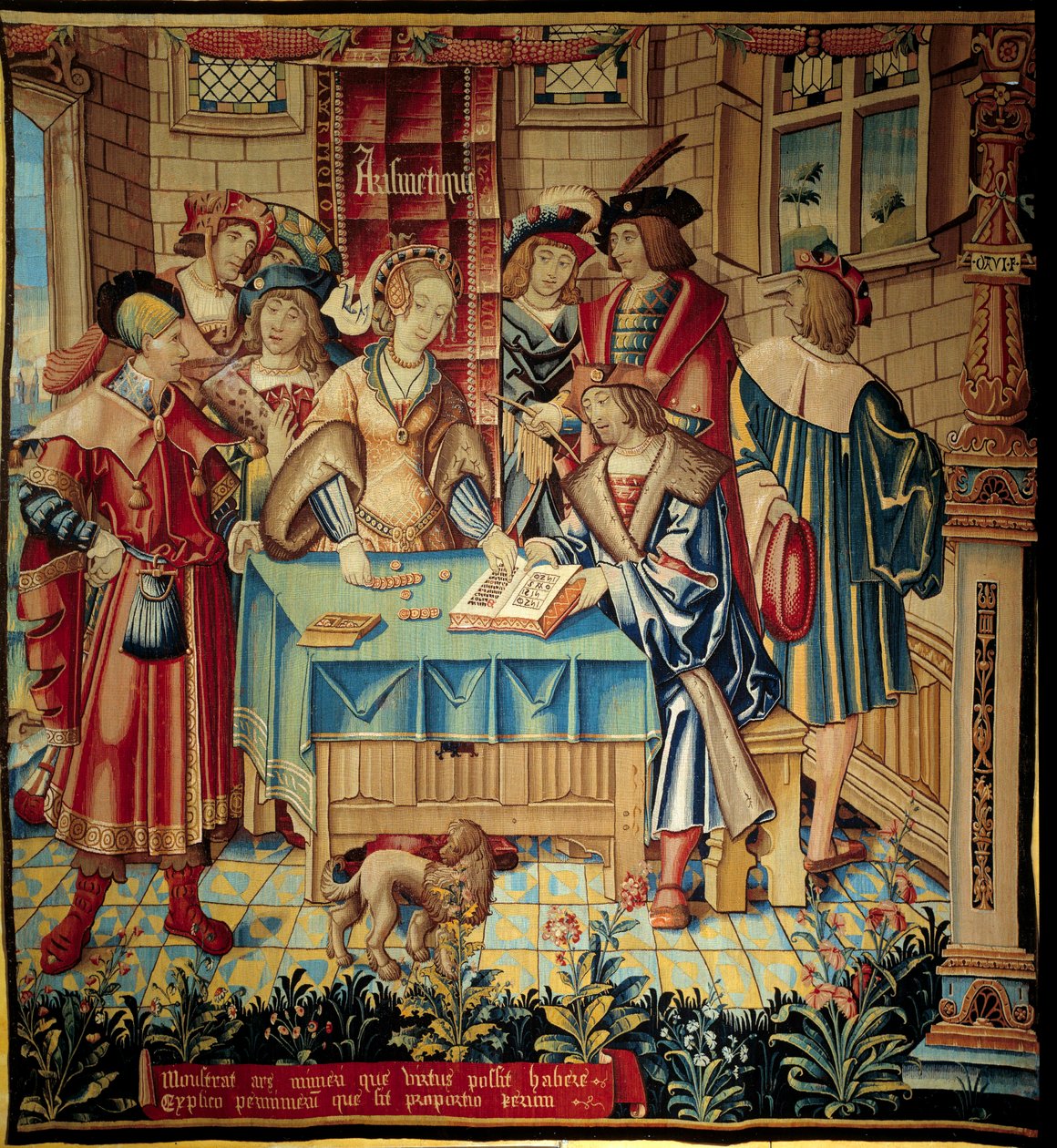 Curtain illustrating the liberal arts: Arithmetic. Wool and silk tapestry made around 1520 in Tournai. Sun 3,1x2,9 m Paris, national museum of the Middle Ages, Thermes de Cluny بواسطة المدرسة البلجيكية