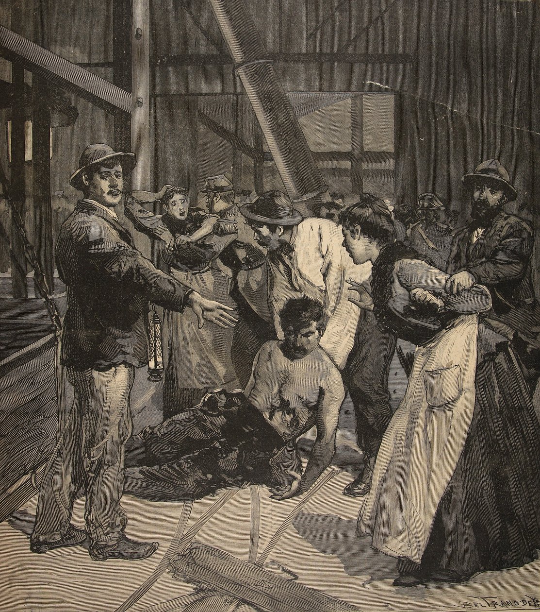 انفجار Firedamp في المناجم في سانت اتيان ، من "لو بيتي باريزيان" ، 20 ديسمبر 1891 بواسطة Beltrand و Clair Guyot ، E. Dete