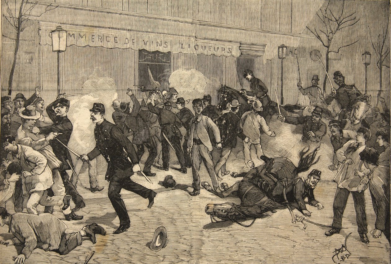 أعمال الشغب في كليشي ، فرنسا ، من "لو بيتي باريزيان" ، 1 مايو 1891 بواسطة Beltrand و Clair Guyot ، E. Dete
