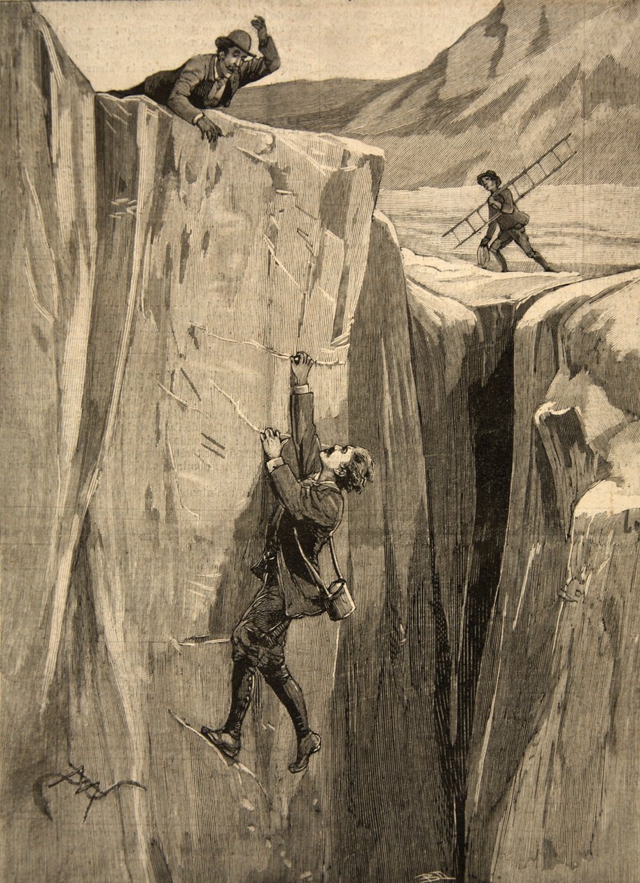 سائح معلق في صدع في جبال الألب ، من "لو بيتي باريزيان" ، 23 أغسطس 1891 بواسطة Beltrand و Clair Guyot ، E. Dete