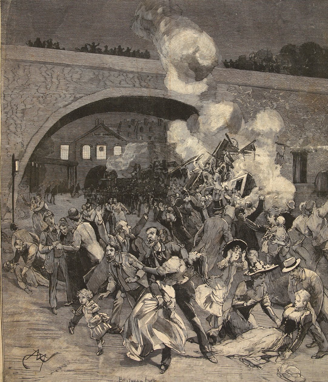 اصطدام قطار سان ماندي ، من "لو بيتي باريزيان" ، 2 أغسطس 1891 بواسطة Beltrand و Clair Guyot ، E. Dete